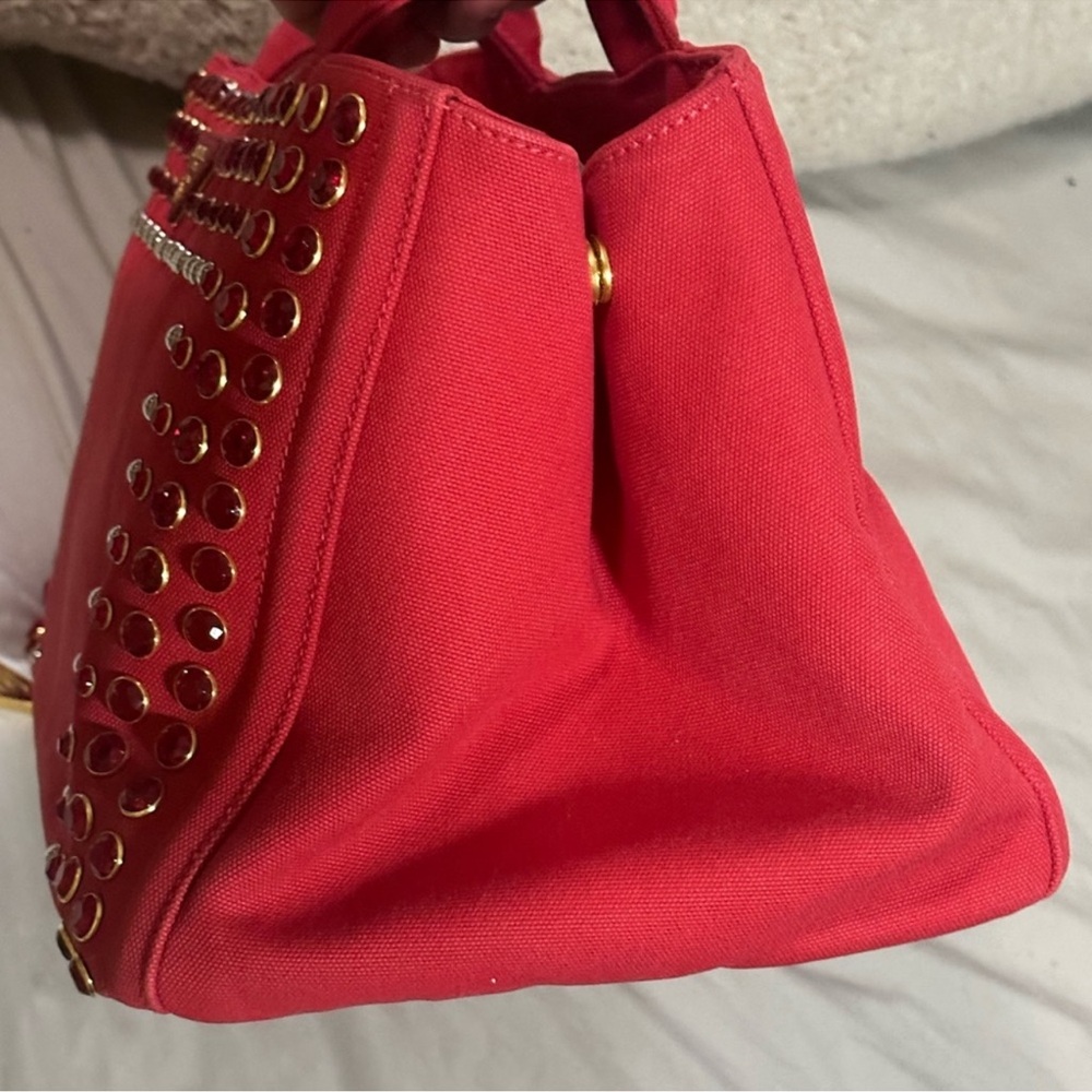 100% Auth. Prada Canapa Red Studded Bijoux Bag - Picture 4 of 14